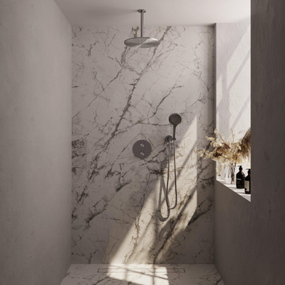 BRAUER Brushed Edition thermostatische Inbouw Regendouche - 3-weg - rond - set 84 - 30cm hoofddouche - plafondarm - 3-standen handdouche - doucheslang - wandaansluitbocht - RVS geborsteld PVD