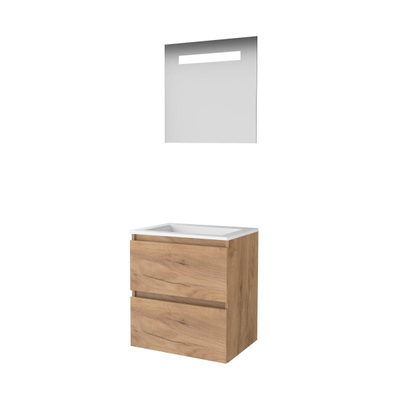 Basic-Line Economic 46 badkamermeubelset - 60x46cm - greeploos - 2 lades - acryl wastafel - 0 kraangaten - Spiegel - geintegreerde LED verlichting - MFC Whisky Oak