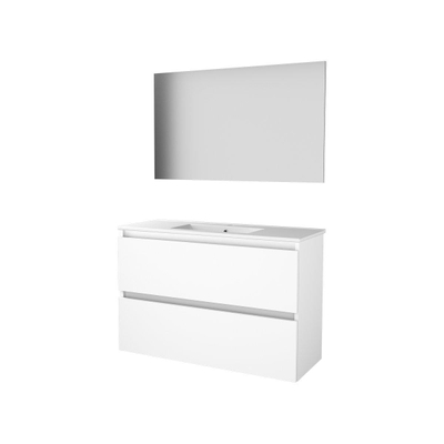 Basic-Line Basic 39 badkamermeubelset - 100x39cm - greeploos - 2 lades - porseleinen wastafel - 1 kraangat - Spiegel - MDF lak Ice White