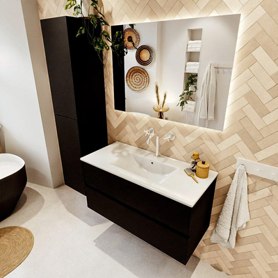 MONDIAZ VICA 100cm badmeubel onderkast Urban 2 lades. Wastafel DENIA midden 1 kraangat, kleur Glanzend Wit.