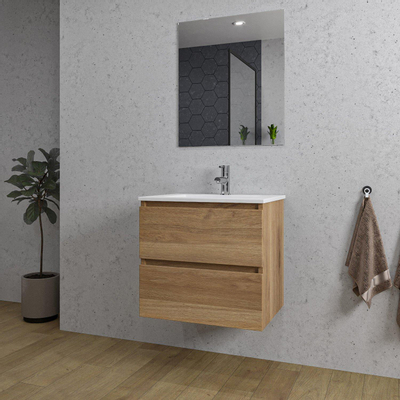 Adema Chaci Badkamermeubelset - 60x46x57cm - 1 keramische wasbak wit - 1 kraangat - 2 lades - rechthoekige spiegel - eiken