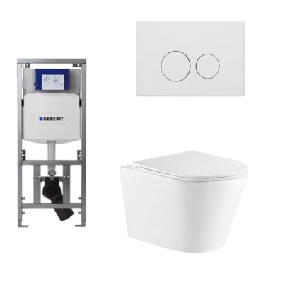 QeramiQ Dely Toiletset - 36.3x51.7cm - diepspoel - rimless - Geberit UP320 Burda inbouwreservoir - softclose toiletzitting - mat witte bedieningsplaat - ronde knoppen - wit glans