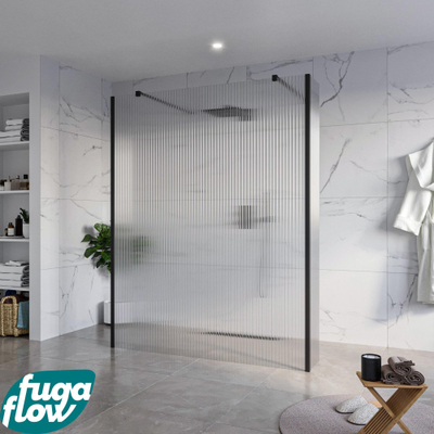 FugaFlow Eccelente Vetro Vrijstaande inloopdouche badkamer - 160x200cm - Helder geribbeld - antikalk - 8mm veiligheidsglas - 2 zijwanden 30cm - met wandarmen en hoekprofielen - Zwart mat -