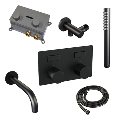 BRAUER Black Carving thermostatische inbouw badkraan - drukknoppen SET 03 - uitloop - staaf handdouche - doucheslang - wandaansluitbocht - zwart mat