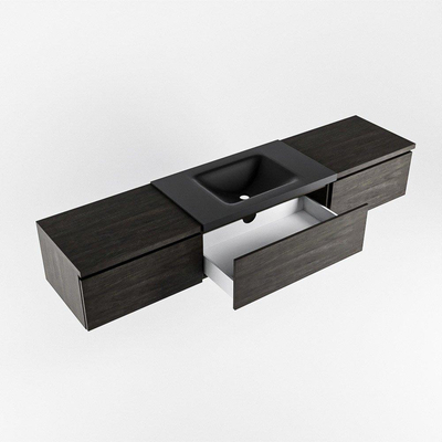 MONDIAZ BUKLA 200cm badmeubel met module 60 kleur Dark Brown met 3 lades. Wastafel CLOUD midden 0 kraangaten kleur Urban.