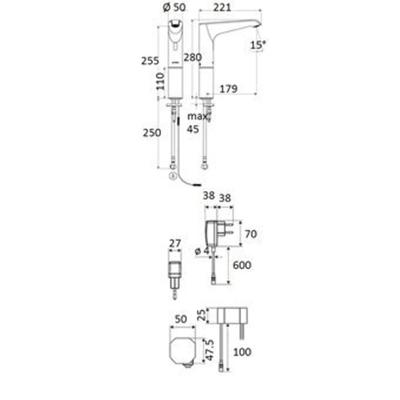 Schell Xeris E HD K elektronische wastafelkraan large v. koud water met stekker trafo 220V met infrarood sensor chroom