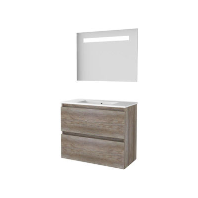 Basic-Line Economic 39 badkamermeubelset - 80x39cm - greeploos - 2 lades - porseleinen wastafel - 1 kraangat - Spiegel - geintegreerde LED verlichting - MFC Scotch Oak