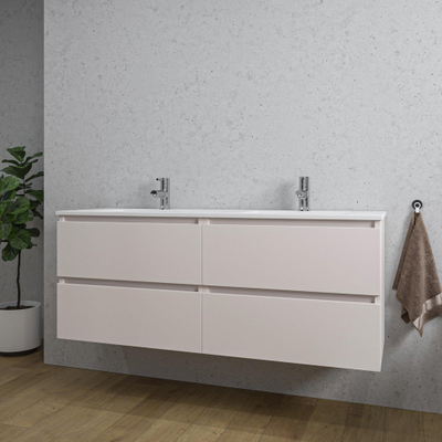 Adema Chaci Badkameronderkast - 140cm - 4 lades - greeploos - wit keramieke wastafel - overloop - 2 wasbakken - 2 kraangaten - mat cotton (beige)