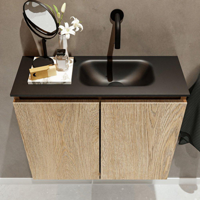 MONDIAZ TURE Fonteinset - 60x23x50cm - 0 kraangaten - 2 deuren - washed oak mat - Wasbak rechts - Solid Surface Zwart