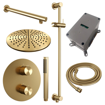 BRAUER Gold Carving thermostatische Inbouw Regendouche - 3-weg - rond - set 86 - 30cm hoofddouche - rechte muurarm - staaf handdouche - doucheslang - geïntegreerde glijstang - goud geborsteld PVD