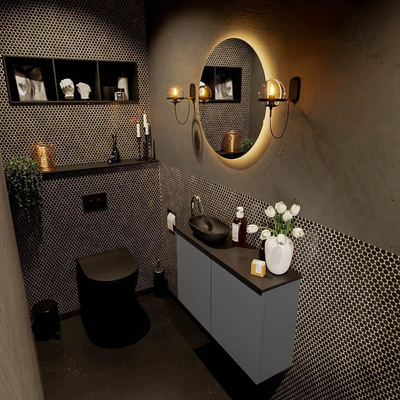 Mondiaz Fowy Toiletmeubel - 80x50x23cm - dark grey mat - 1 kraangat - wasbak links - 2 deuren - solid surface - blad MDF - wasbak: zwart