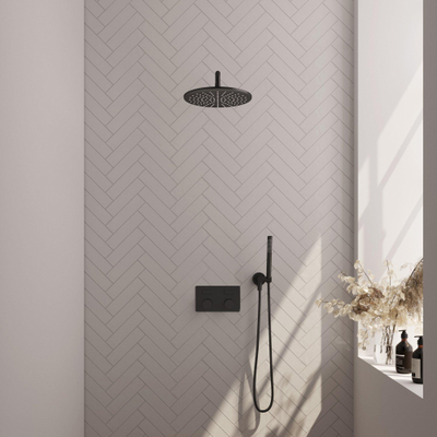 BRAUER Black Carving Thermostatische Regendouche inbouw - drukknoppen - SET 52 - 30cm hoofddouche - gebogen muurarm - staaf handdouche - doucheslang - wandaansluitbocht - zwart mat