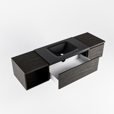 MONDIAZ BUKLA 160cm badmeubel met open module 40 links kleur Dark Brown met 2 lades. Wastafel CLOUD midden 0 kraangaten kleur Urban.