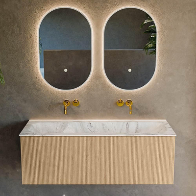 MONDIAZ KURVE-DLUX 120cm badmeubel kleur Oak met 1 lade. Wastafel BIG LARGE midden zonder kraangat kleur Glace.