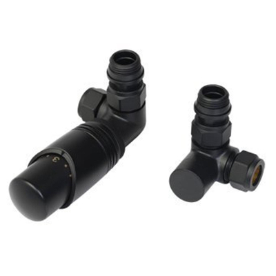 Comodesign radiator aansluitset universeel dubbel haaksincl. koppeling 15 en 16mmmet thermostaatknopmat zwart