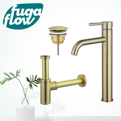 FugaFlow Eccelente Sobrado Badkamer Wastafelkraanset - verhoogde wastafelkraan - always open plug - design sifon - PVD Geborsteld Messing