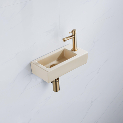 QeramiQ Fuente Fonteinset - 37.5x18.5x9cm - keramiek - kraangat rechts - fonteinkraan geborsteld messing - afvoerplug - verlaagd sifon - Mat Beige