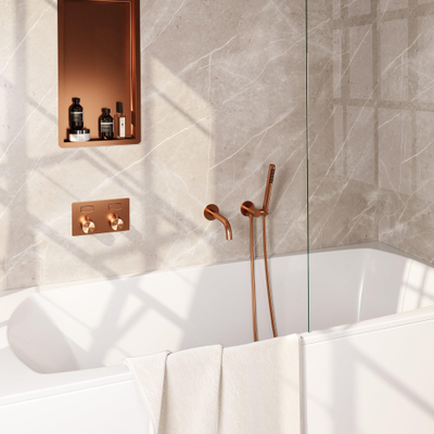 BRAUER Copper Edition thermostatische inbouw badkraan - drukknoppen SET 03 - uitloop - staaf handdouche - doucheslang - wandaansluitbocht - koper geborsteld PVD