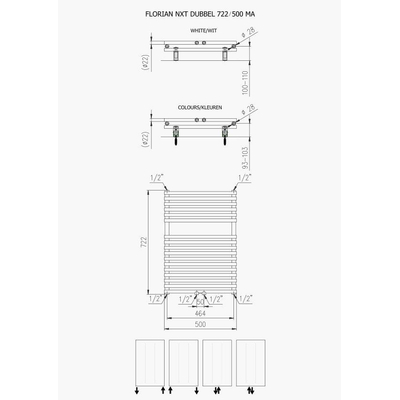 Plieger Florian Nxt M designradiator dubbel horizontaal met middenaansluiting 722x500mm 505W wit