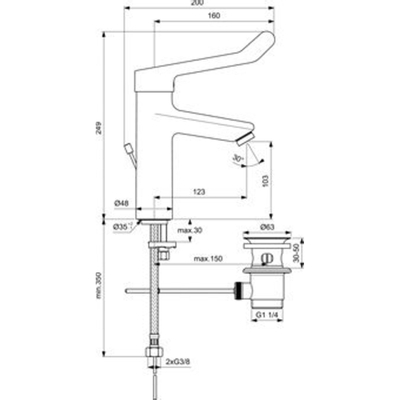 Ideal Standard Ceraplus 2 wastafelkraan met waste m. vaste zelflegende uitloop m. hendel 16cm chroom