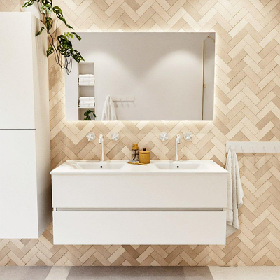 MONDIAZ VICA 120cm badmeubel onderkast Talc 2 lades. Wastafel DENIA dubbel 2 kraangaten, kleur Glanzend Wit.