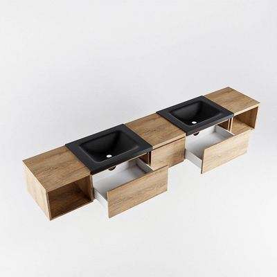 MONDIAZ BUKLA 240cm badmeubel met open module 40 L+R kleur Washed Oak met 3 lades. Wastafel CLOUD dubbel 0 kraangaten kleur Urban.