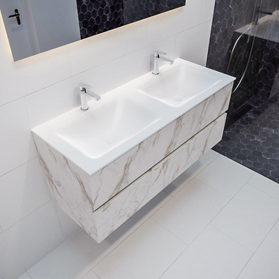 MONDIAZ VICA Badkamermeubelset - 120cm - 2 lades - wasbak Cloud dubbel - 2 kraangaten - solid surface carrara marmer