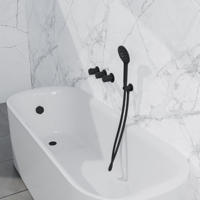 Fortifura Nebbio Badcombinatie-set - thermostaatkraan - inbouwdeel - inbouw uitbreiding - wandaansluitbocht - metalen doucheslang - ronde handdouche - badafvoer opbouw - mat zwart