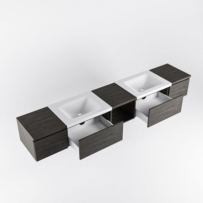 MONDIAZ BUKLA 240cm badmeubel met open module 40 midden kleur Dark Brown met 4 lades. Wastafel CLOUD dubbel 0 kraangaten kleur Talc.