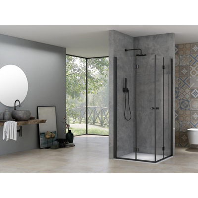 Van Rijn ST 02 Draai-Vouwcabine - helder glas - 90x90cm - zwart beslag - geborsteld messing