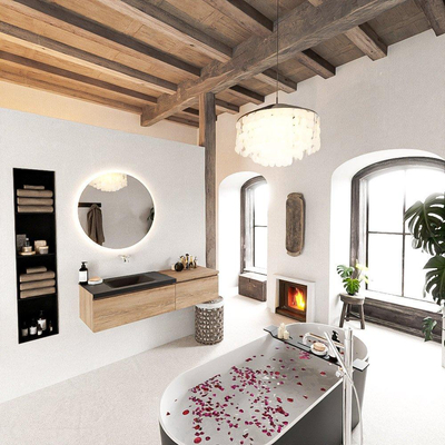 MONDIAZ BUKLA 140cm badmeubel met module 60 kleur Washed Oak met 2 lades. Wastafel CLOUD links 0 kraangaten kleur Urban.