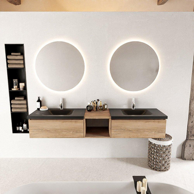 MONDIAZ BUKLA 200cm badmeubel met open module 40 kleur Washed Oak met 2 lades. Wastafel CLOUD dubbel 2 kraangaten kleur Urban.