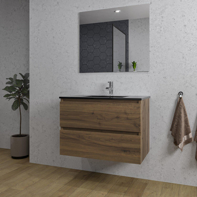 Adema Chaci Badkamermeubelset - 80x46x55cm - 1 keramische wasbak zwart - 1 kraangat - 2 lades - rechthoekige spiegel - noten (hout)