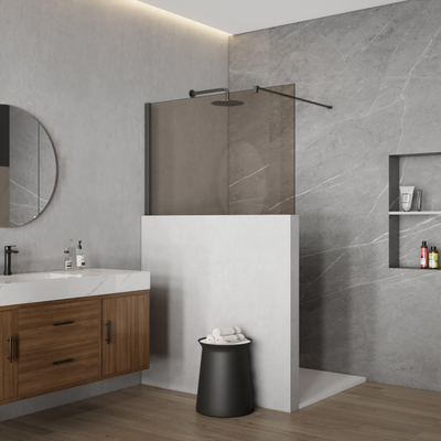 Fortifura Galeria Halfhoge Inloopdouche - 140x80cm - rookglas - 8mm - nano - met profiel en stabilisatiestang - Gunmetal geborsteld PVD