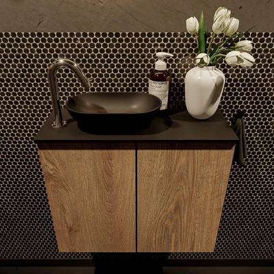 Mondiaz Fowy Toiletmeubel - 60x50x23cm - washed oak mat - 1 kraangat - wasbak links - 2 deuren - solid surface - blad Melamine - wasbak: zwart