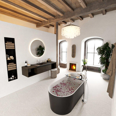 MONDIAZ BUKLA 160cm badmeubel met open module 40 L+R kleur Dark Brown met 1 lade. Wastafel CLOUD midden 1 kraangat kleur Urban.