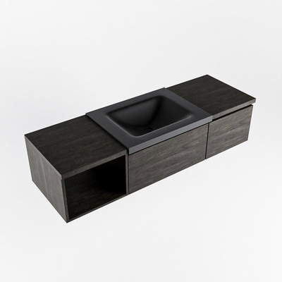 MONDIAZ BUKLA 140cm badmeubel met open module 40 links kleur Dark Brown met 2 lades. Wastafel CLOUD rechts 1 kraangat kleur Urban.