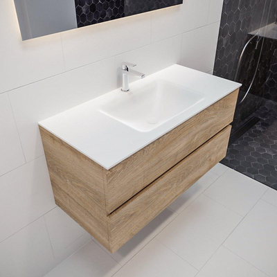 MONDIAZ VICA Badkamermeubelset - 100cm - 2 lades - wasbak Cloud midden - 1 kraangat - solid surface washed oak