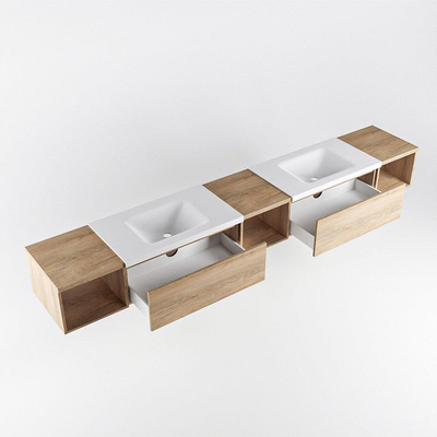 MONDIAZ BUKLA 280cm badmeubel met open module 40 L+M+R kleur Washed Oak met 2 lades. Wastafel CLOUD dubbel 0 kraangaten kleur Talc.