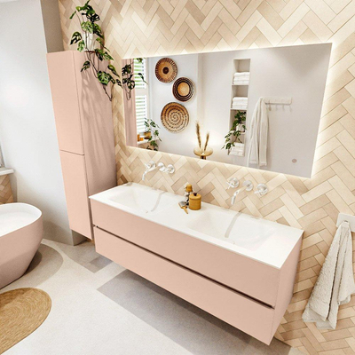 MONDIAZ VICA Badkamermeubelset - 150cm - onderkast rosee- 2 lades - wastafel cloud dubbel - zonder kraangaten - 60cm hoge versie - talc