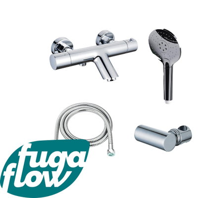 FugaFlow Eccelente Sobrado Badkamer Thermostatische badkraan met ronde handdouche, handdouchehouder en metalen doucheslang chroom