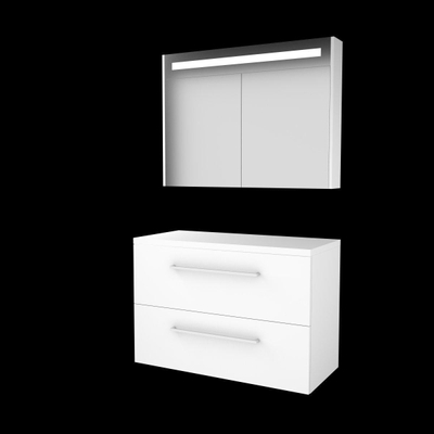 Basic-Line Premium 46 badkamermeubelset - 100x46cm - met grepen - 2 lades - wastafelblad - Spiegelkast - geintegreerde LED verlichting - MDF lak Ice White