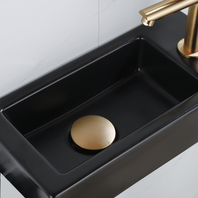 QeramiQ Fuente Fonteinset - 37.5x18.5x9cm - keramiek - kraangat rechts - fonteinkraan geborsteld messing - afvoerplug - verlaagd sifon - Mat Zwart