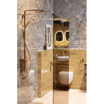 Fortifura Galeria Vrijstaande Inloopdouche - 140x200cm - Rookglas - antikalk - 8mm veiligheidsglas - wandsteunen - Geborsteld koper PVD (Koper)