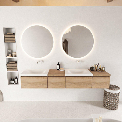 MONDIAZ BUKLA 200cm badmeubel met module 40 links kleur Washed Oak met 4 lades. Wastafel CLOUD dubbel 0 kraangaten kleur Talc.