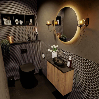 Mondiaz Fowy Toiletmeubel - 60x50x23cm - washed oak mat - 0 kraangaten - wasbak midden - 2 deuren - solid surface - blad Melamine - wasbak: zwart