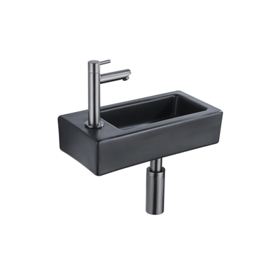 QeramiQ Fuente Fonteinset - 37.5x18.5x9cm - keramiek - kraangat links - fonteinkraan gunmetal - afvoerplug - verlaagd sifon - Mat Zwart