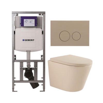 QeramiQ Dely Toiletset - 36.3x51.7cm - diepspoel - rimless - Geberit UP320 inbouwreservoir - softclose toilet zitting 35 mm - bedieningsplaat taupe - ronde knoppen - mat beige