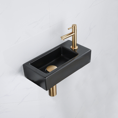 QeramiQ Fuente Fonteinset - 37.5x18.5x9cm - keramiek - kraangat rechts - fonteinkraan geborsteld messing - afvoerplug - verlaagd sifon - Mat Zwart