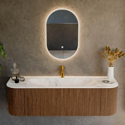 MONDIAZ KURVE-DLUX 150cm badmeubel met module 25 Len R kleur Walnut met 1 lade en 2 deuren. Wastafel BIG MEDIUM midden 1 kraangat kleur Frappe.